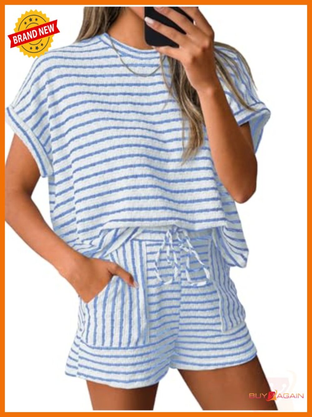 Womens Striped Short Sleeve Tee and Drawstring Shorts Set